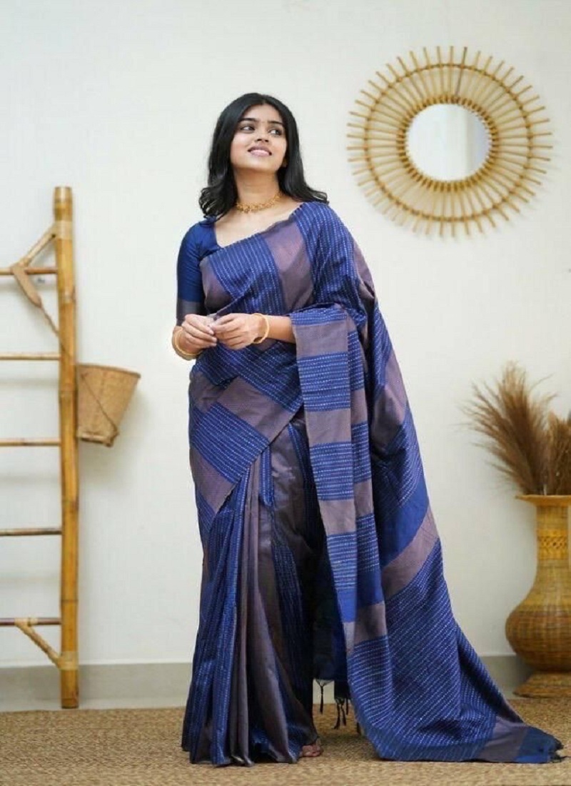 Handwoven Ajrakh Saree brown with blue- AJ/JK/SA/12C